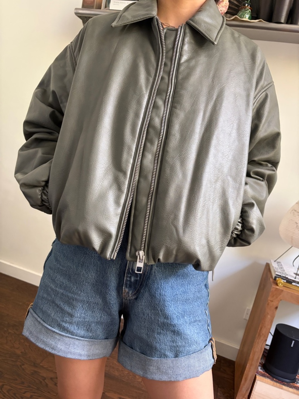 ZARA Green Pebbled Faux-Leather Zip Jacket